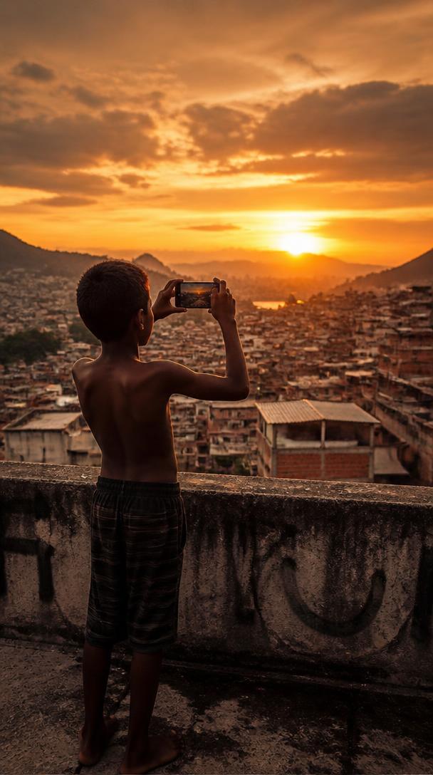 Criança filmando o pôr do sol da laje com um celular